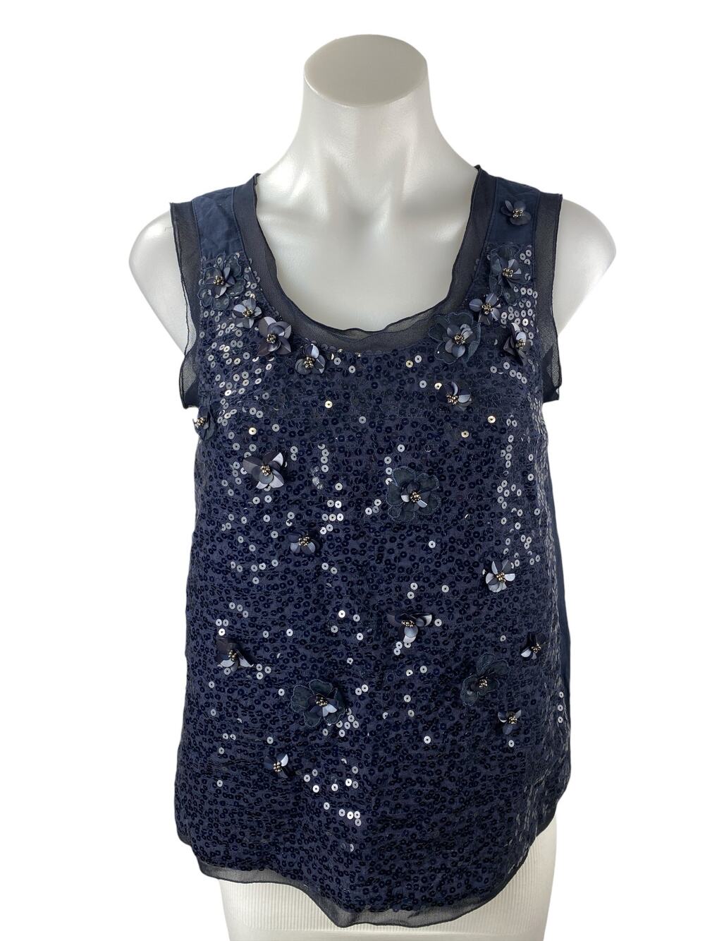 O'2nd Women's Navy Blue Floral Sequin Scoop Neck Sleeveless Tank Blouse Top Sz 1